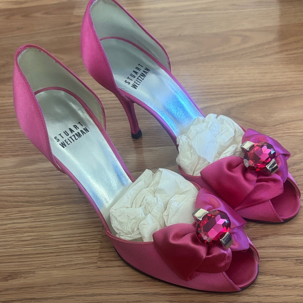 Stuart Weitzman Fuchsia Satin Peep-Toe Heels